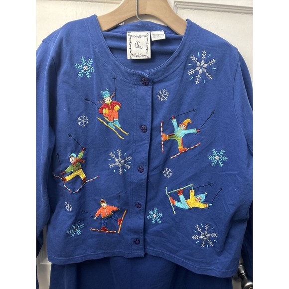 Vintage Michael Simon Women’s XL Skiing Embroidered Cardigan and Skirt SET Blue - Picture 2 of 11